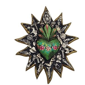 Sunburst Milagros Sacred Heart Miracle Wood Handmade Mexico Folk Art Love Decor